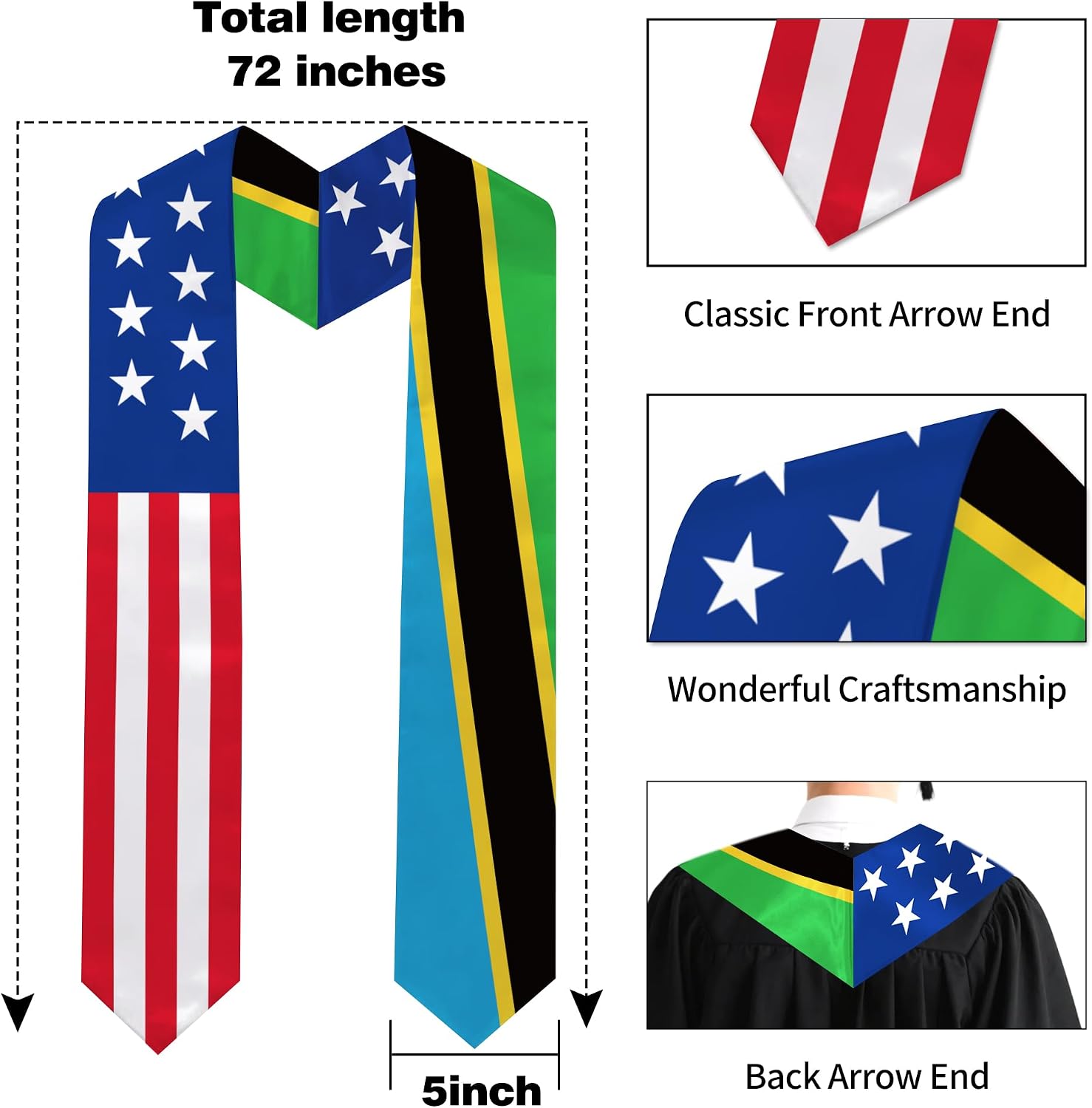 Tanzania Flag Graduation Stole 72 x 5 Inches Decorative Ceremonial Accessory Sash for International Student (Baccalaureate Gown and Hat Not Included) (Tanzania)