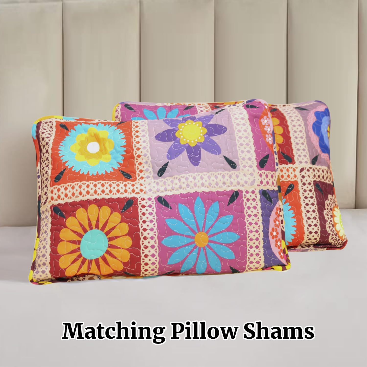 Patchwork Quilt Set Queen Size 3 Pieces Set Quilts Crochet Style Bohemian Bedspread Coverlet Set for All Season Reversible Boho Bed Cover Bedding Set 1 Quilt and 2 Pillow Shams, 96" x 92"