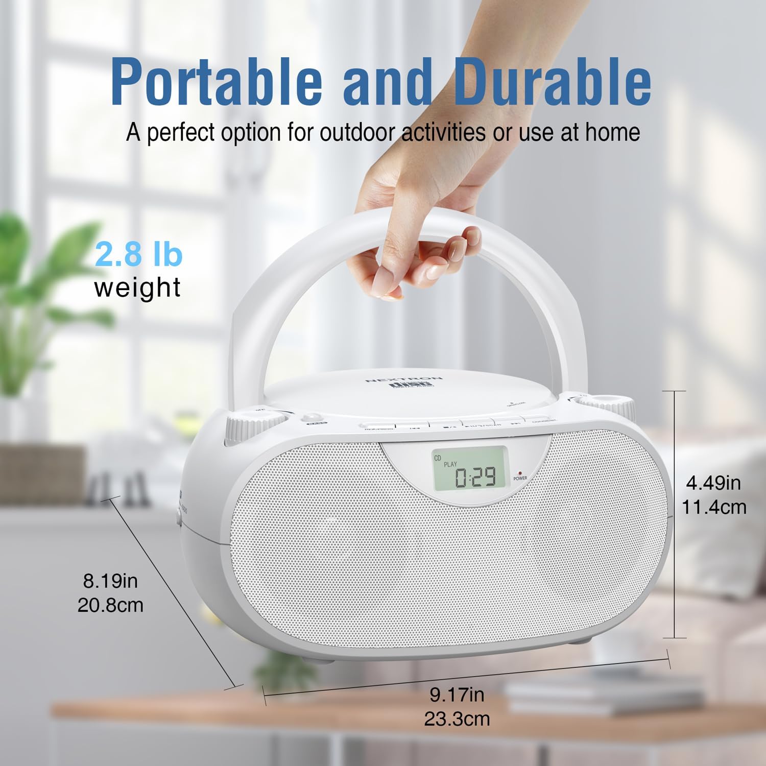 Portable CD Player Bluetooth Boombox with AM/FM Radio, USB, AUX-in, Headphone Jack, CD-R/RW & MP3-CD Compatible, Stereo Sound with Bass Boost, AC/Battery Operated – White - Image 9