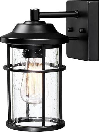 Outdoor Wall Lantern, Exterior Waterproof Wall Sconce Light Fixture, Anti-Rust Black Wall Mount Lighting with Seeded Glass Shade, E26 Socket Front Porch Lights for Outside, Modern House, Garage, Patio
