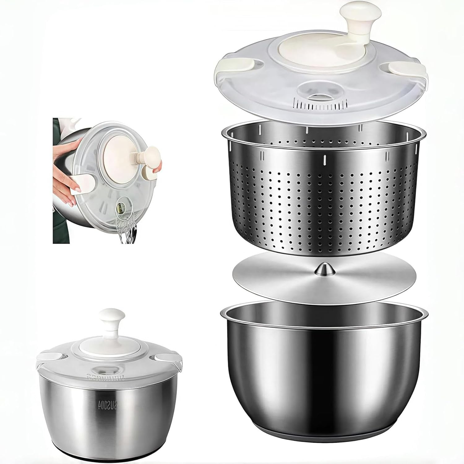 6L Stainless Steel Salad Spinner – Collapsible Fruit & Vegetable Washer with PP Lid, Best Rated Salad Spinner for Easy Storage, Dehydrating Lettuce, Pasta, and Fries,Stainless Steel
