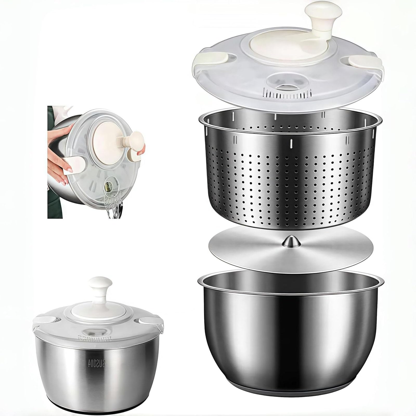 Centrifuga per Insalata 6L in Acciaio Inox – Lavaggio Frutta & Verdura Pieghevole con Coperchio PP, Centrifuga Migliore per Facile Conservazione, Disidratazione Lattuga, Pasta e Patatine