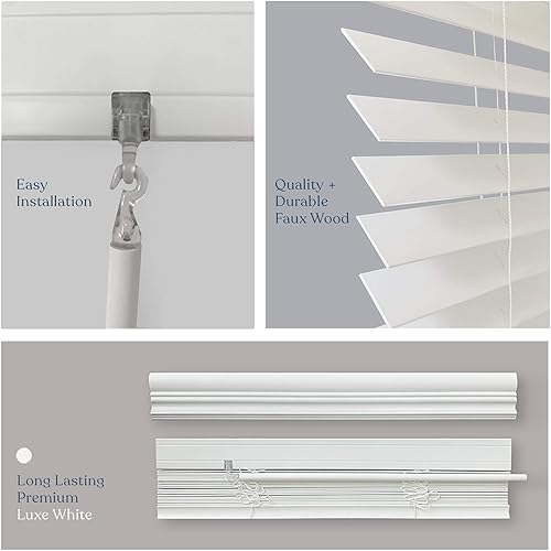 Miniatura 5 de MOOD Persianas de madera sintética Luxe  Persianas de 64 pulgadas para ventanas  Tratamiento de ventana blackout inalámbrico de 2 pulgadas  Blanco