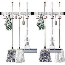 Wall Mounted Mop and Broom Holder Stainless Steel S Type Broom Rack Anti-Slip Mop Organizer 34Inches,8 Positions 6 Hooks, Red White