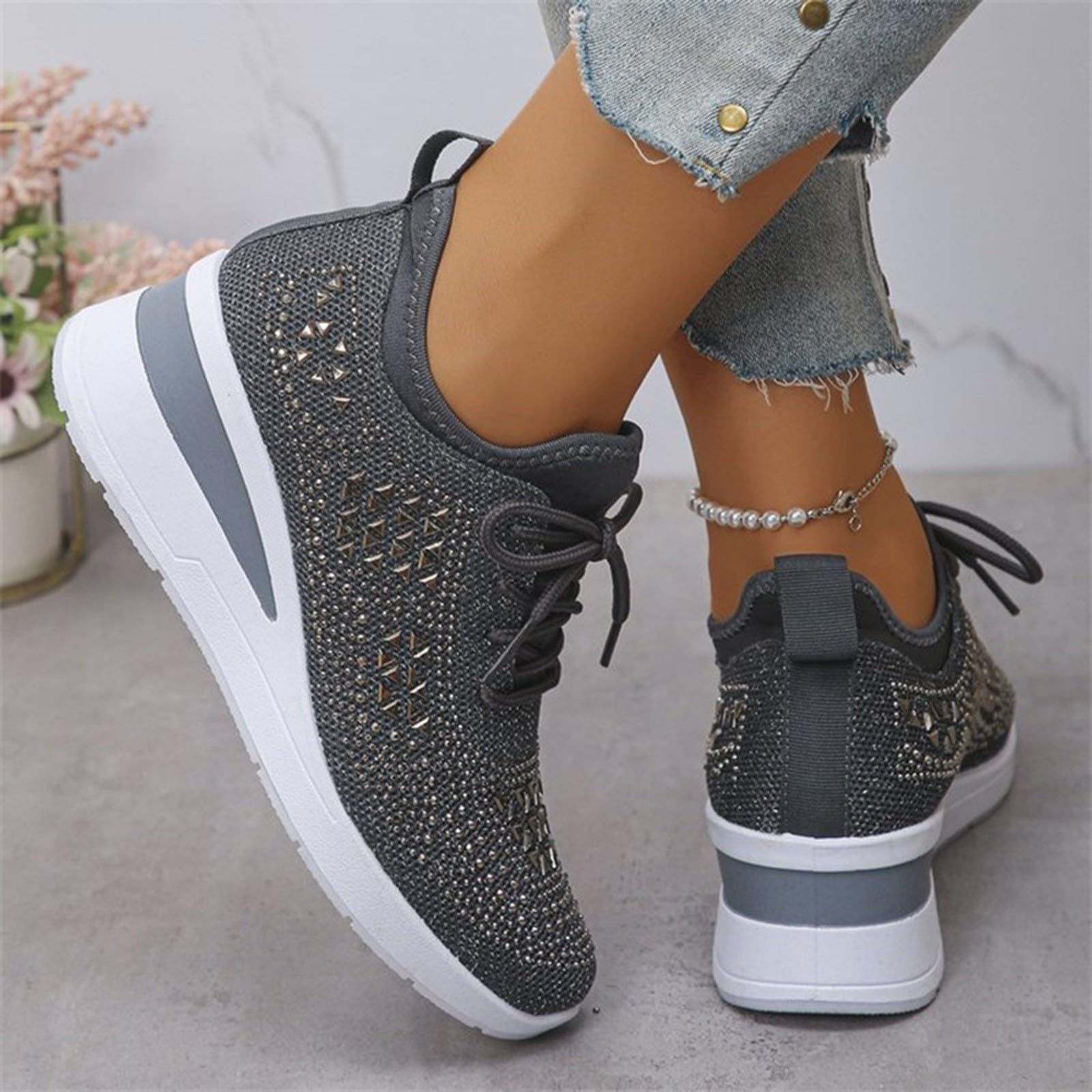 Scarpe da ginnastica da donna con plateau impreziosite con strass e maglia traspirante per abiti casual alla moda