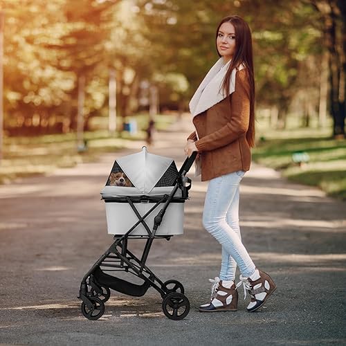 Miniatura 6 de Cochecito de perro para perros pequeños y gatos de hasta 33 libras, 3 en 1, ligero, plegable, con transportador extraíble, cesta de almacenamiento