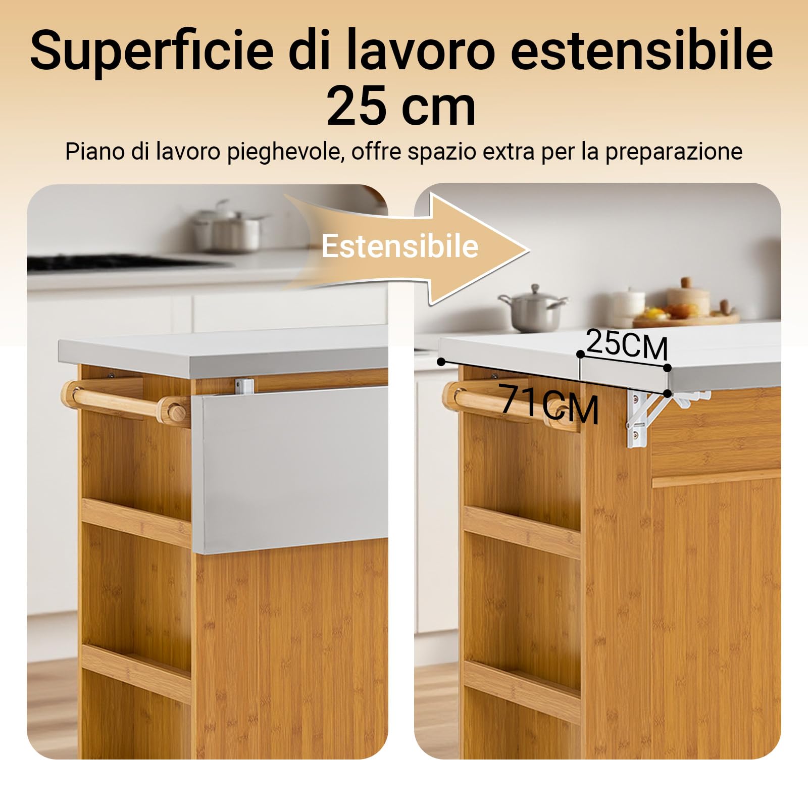 SoBuy Isola Cucina su Ruote con Piano di Lavoro Estendibile, Mobiletto Salvaspazio, Carrello da Cucina con Ruote, con Due Cassetti e Ripiano Regolabile Naturale 107x(46–71) x92,5 cm FKW130-N