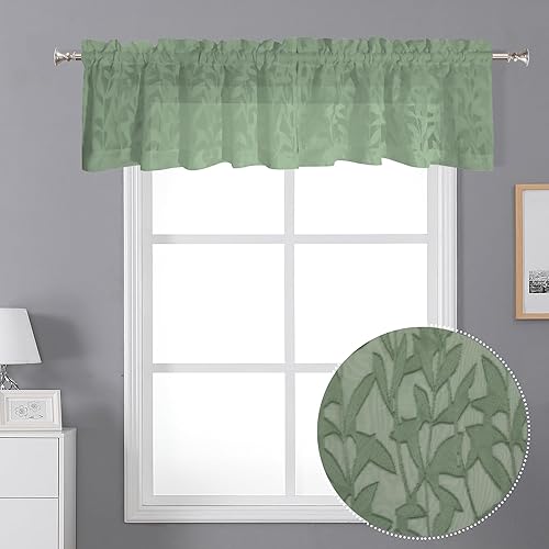Lecloud Leia Cenefa verde salvia de 14 pulgadas para ventana, cortinas transparentes de color verde, 2 piezas, textura jacquard, cortina de sala de