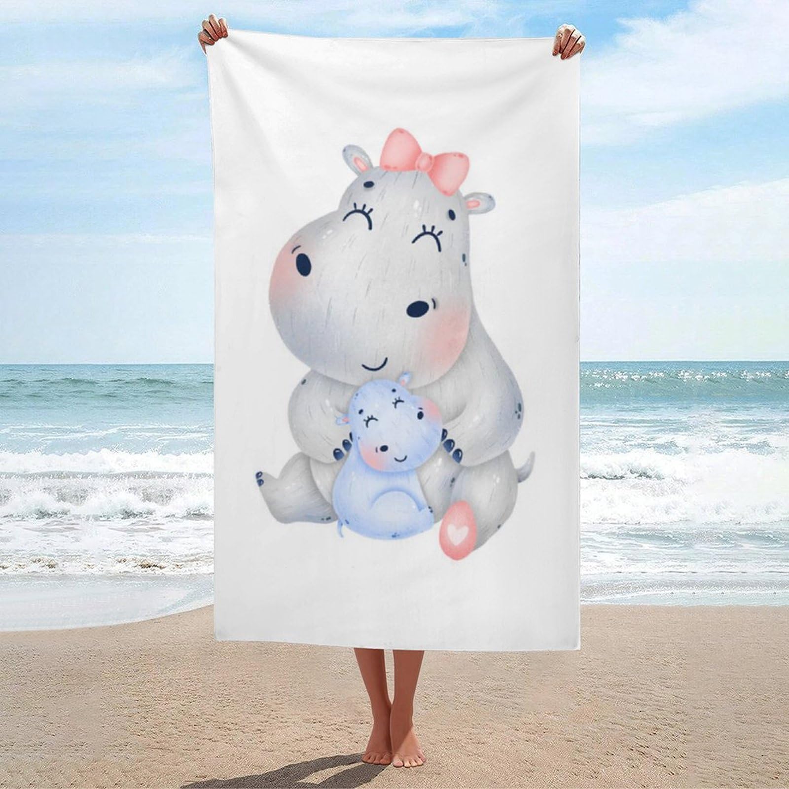 LEDFCVSU Beach Towel, Hippopotamus Bath Towel, Absorbent Towel for Swimming, Sports, Travel