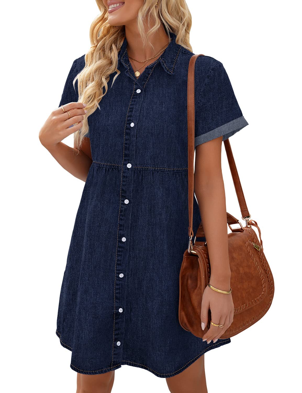 LookbookStore Women's Short Sleeve Button Down Flowy Tiered Babydoll Denim Dress