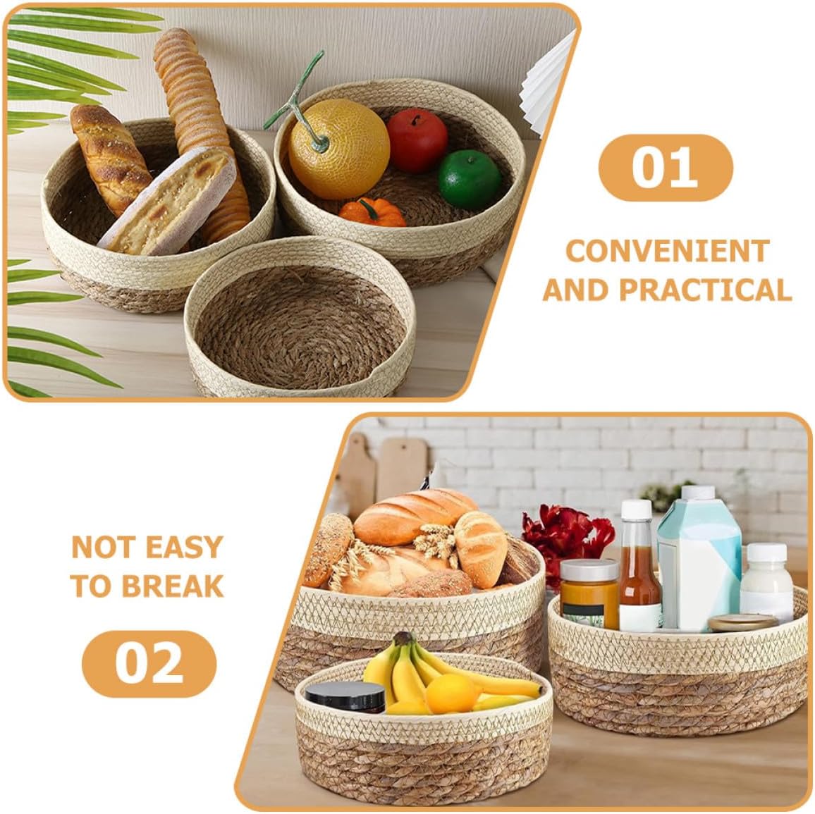 DOITOOL 3pcs round Woven Basket Set with Grass and Paper Rope, Multipurpose Storage Organizer for Desk and Shelf, Rustic Farmhouse Style Sundries Container for Home and Office