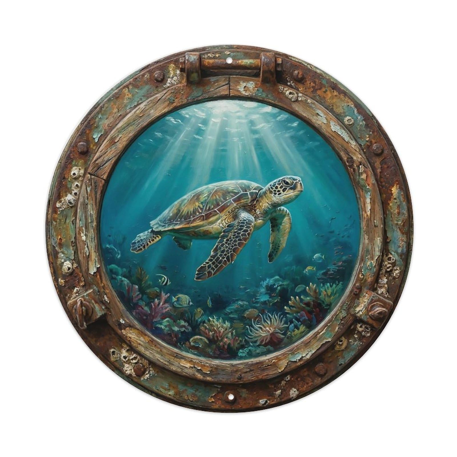 Vintage Porthole Sea Turtle Gliding Ship Window Undersea Deep Sea Metal Tin Sign