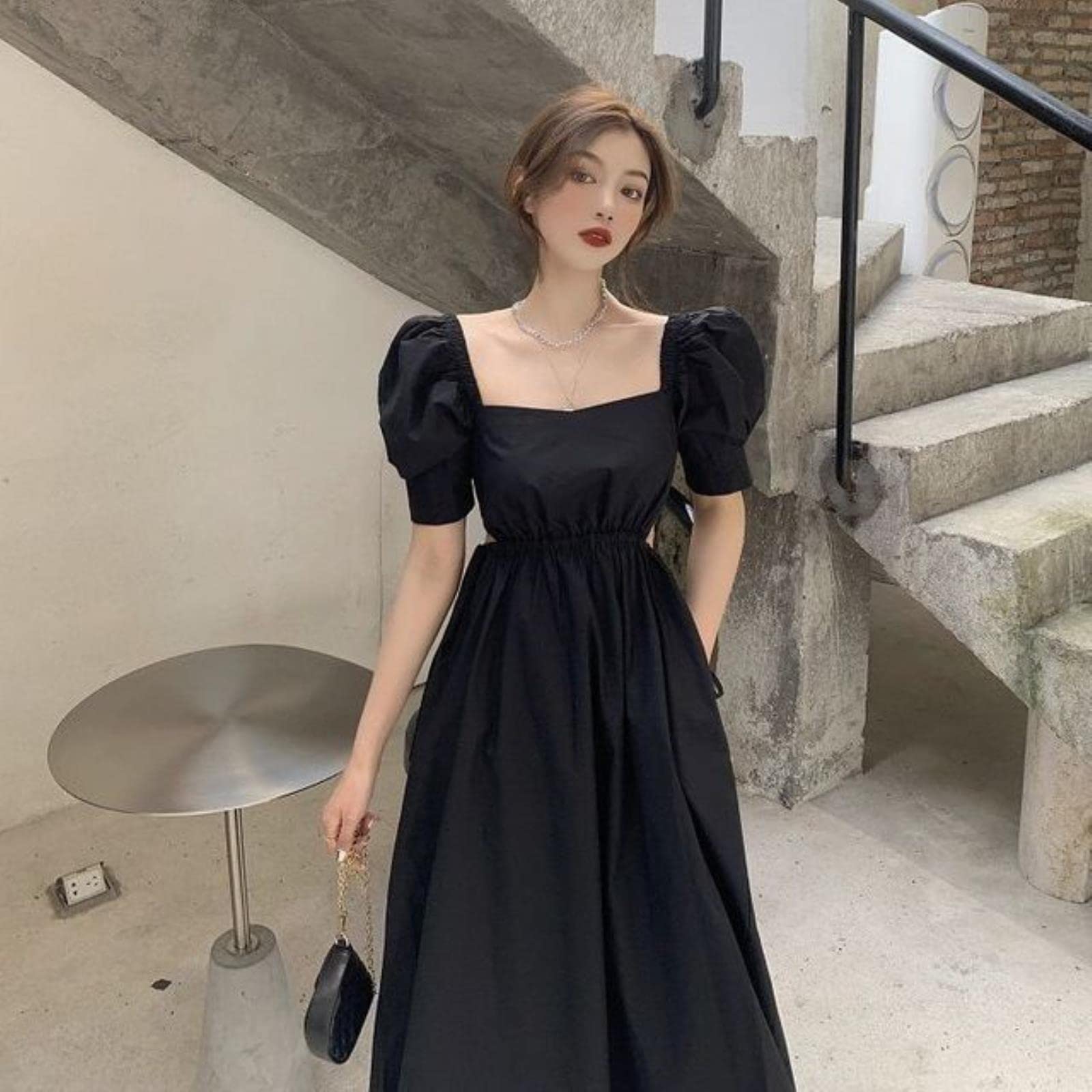 MOOCO MORNING Dress Women Summer Preppy Elegant Puff Sleeve Retro Bandage Solid Design Harajuku Female Popular Trendy Soft Holiday Ins Newest