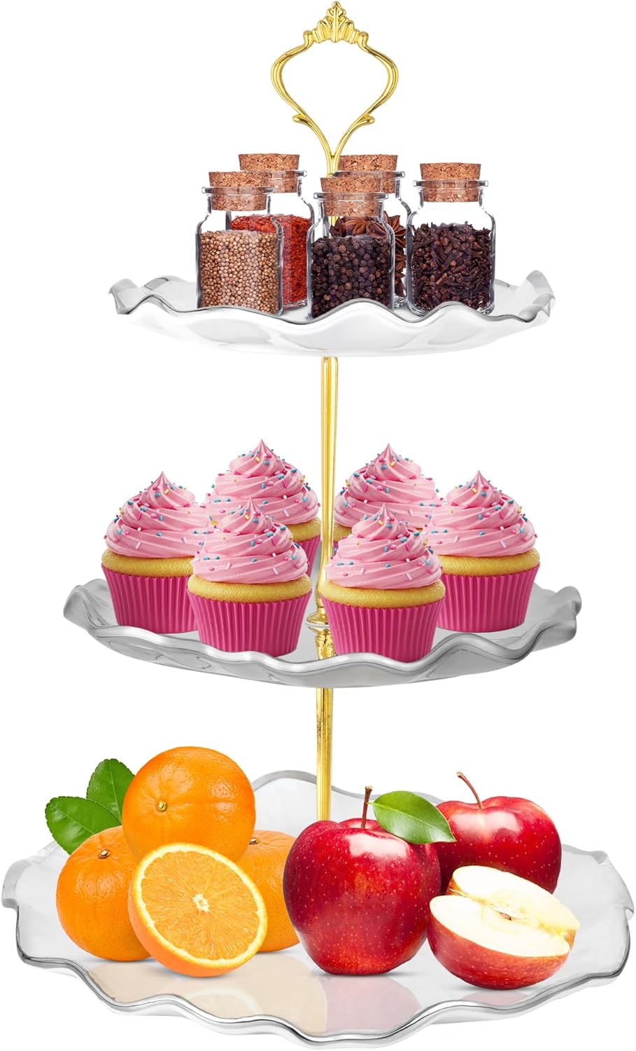 Perco 3 Tier Wooden Cupcake Stand, Walnut Wood Tiered Display Stand for 20 Cupcakes – Rustic Dessert Table Display Set, Tiered Serving Tray for Weddings, Birthdays, Baby Showers & Events