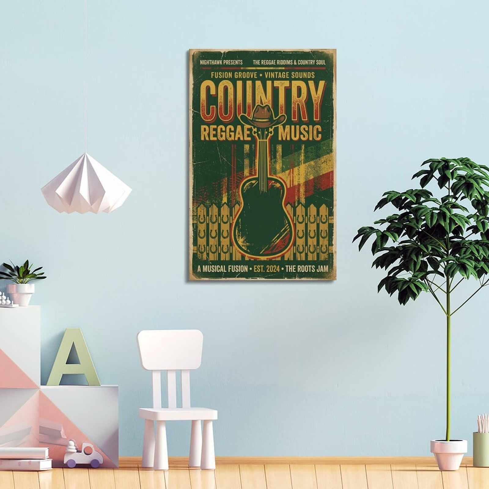OKNGB Poster decorativo da parete su tela, motivo country reggae, cappello da cowboy e chitarra, stampa artistica su tela, poster decorativo moderno, per camera da letto, 60 x 90 cm