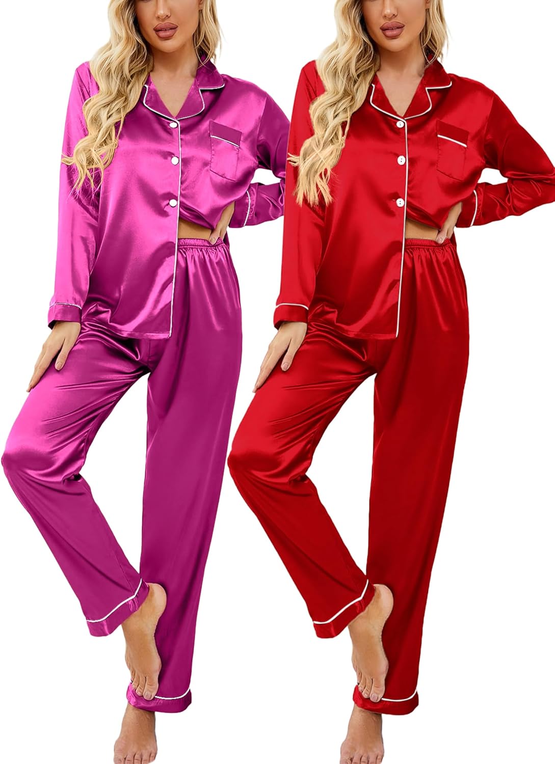 Ekouaer 2 Pack Satin Pajamas Set for Women Classic Button Down Silk Pjs Set Soft Sleepwear