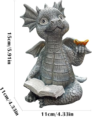 Miniatura 6 de Bonita estatua de libro de lectura de dragón, 5.9 pulgadas de alto con figuras de mariposa de dinosaurio, escultura de resina de arte, decoración de