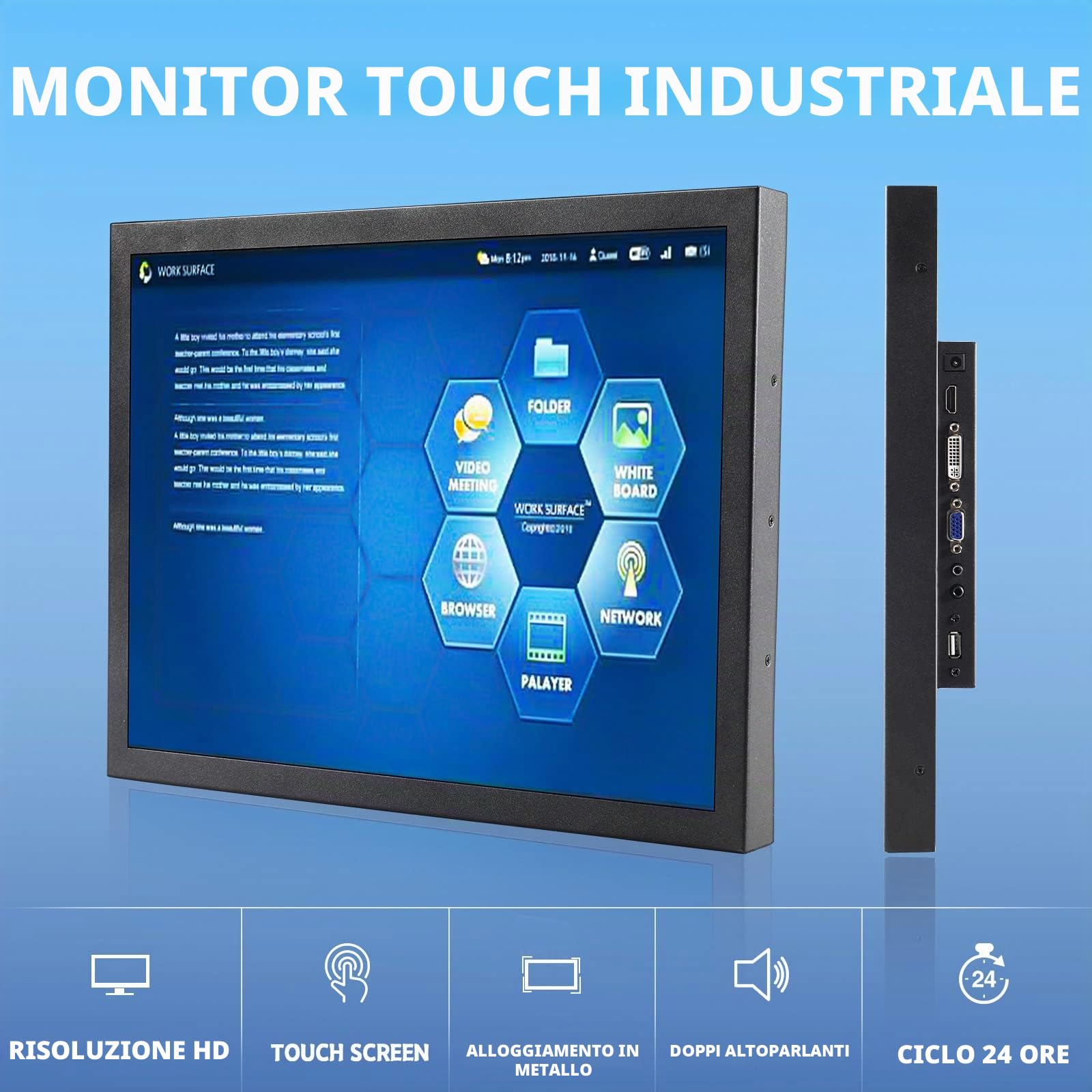 VSDISPLAY Monitor Touch Industriale,schermo LCD 15" 1024x768 400nit IPS | resistivo con ingresso video VGA DVI H/D ,con doppi altoparlanti