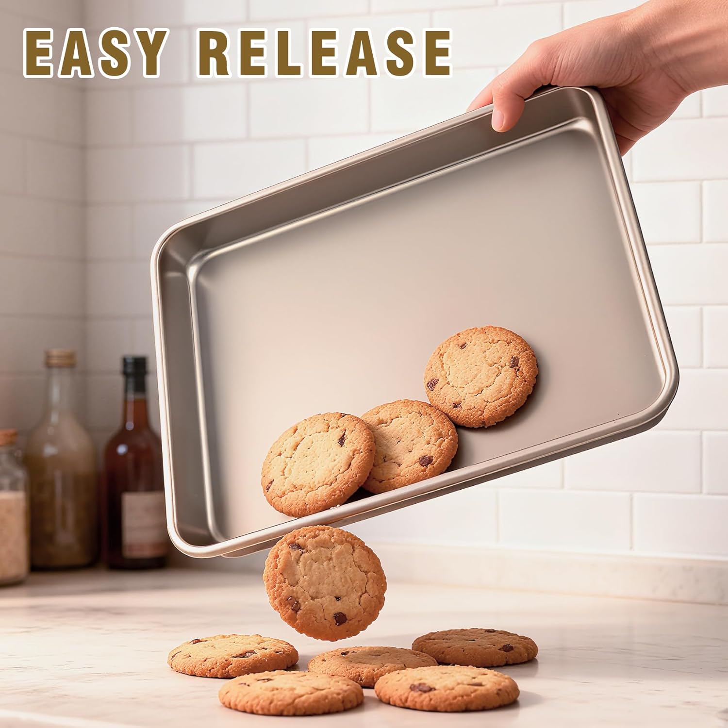 Toaster Oven Pans Set of 2, Shinsin 11-Inch Nonstick Baking Sheet Pans and Trays, 1/8 Thicker Replacement Small Baking Tray Accessories for Cookie, Non Toxic and Easy Clean and Diswasher Safe, Gold - Image 4