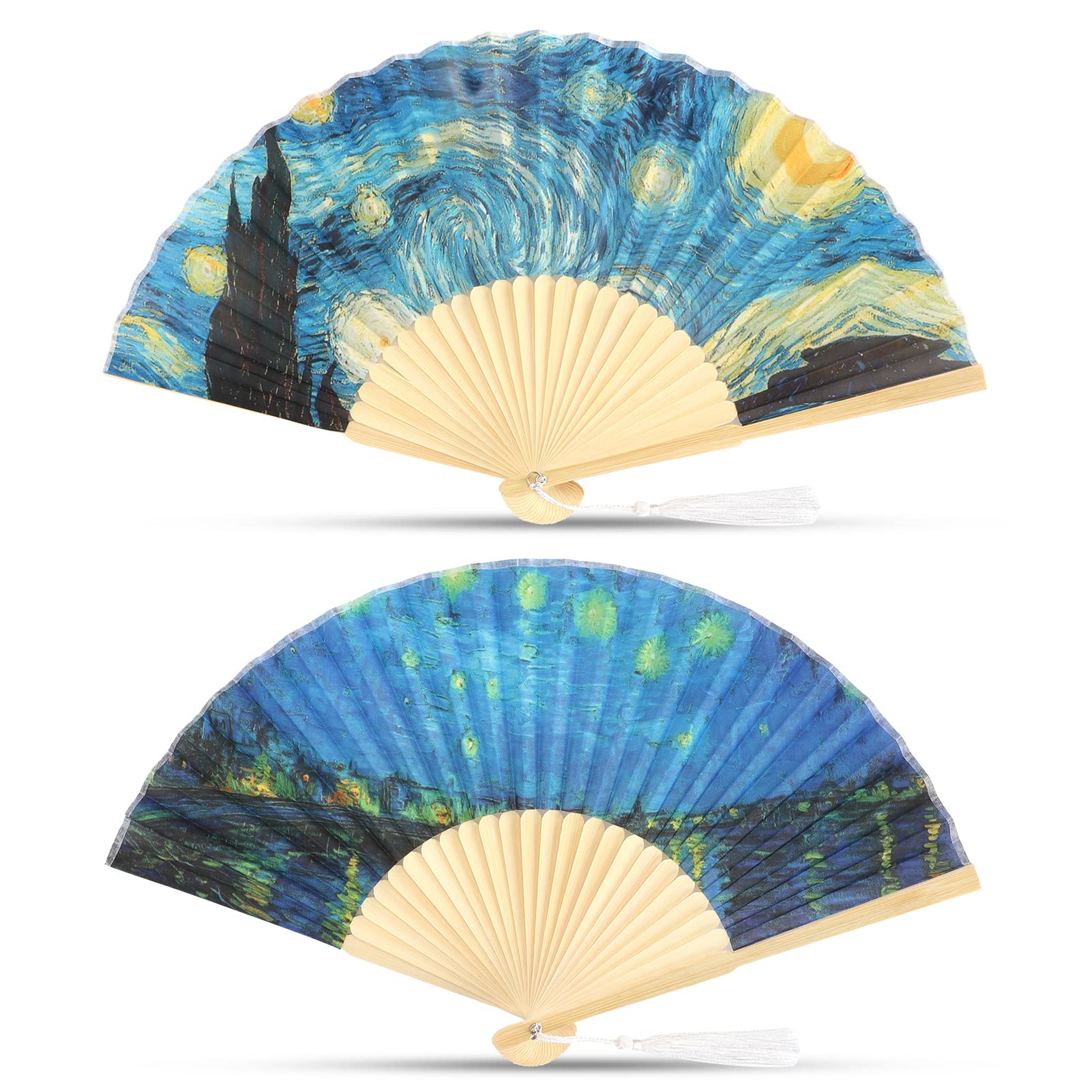 Agatige 2pcs Japanese Hand Fan, Handheld Bamboo Fans Folding Fan with Tassel Chinese/Japanese Wall Decor, Art Party, Dancing