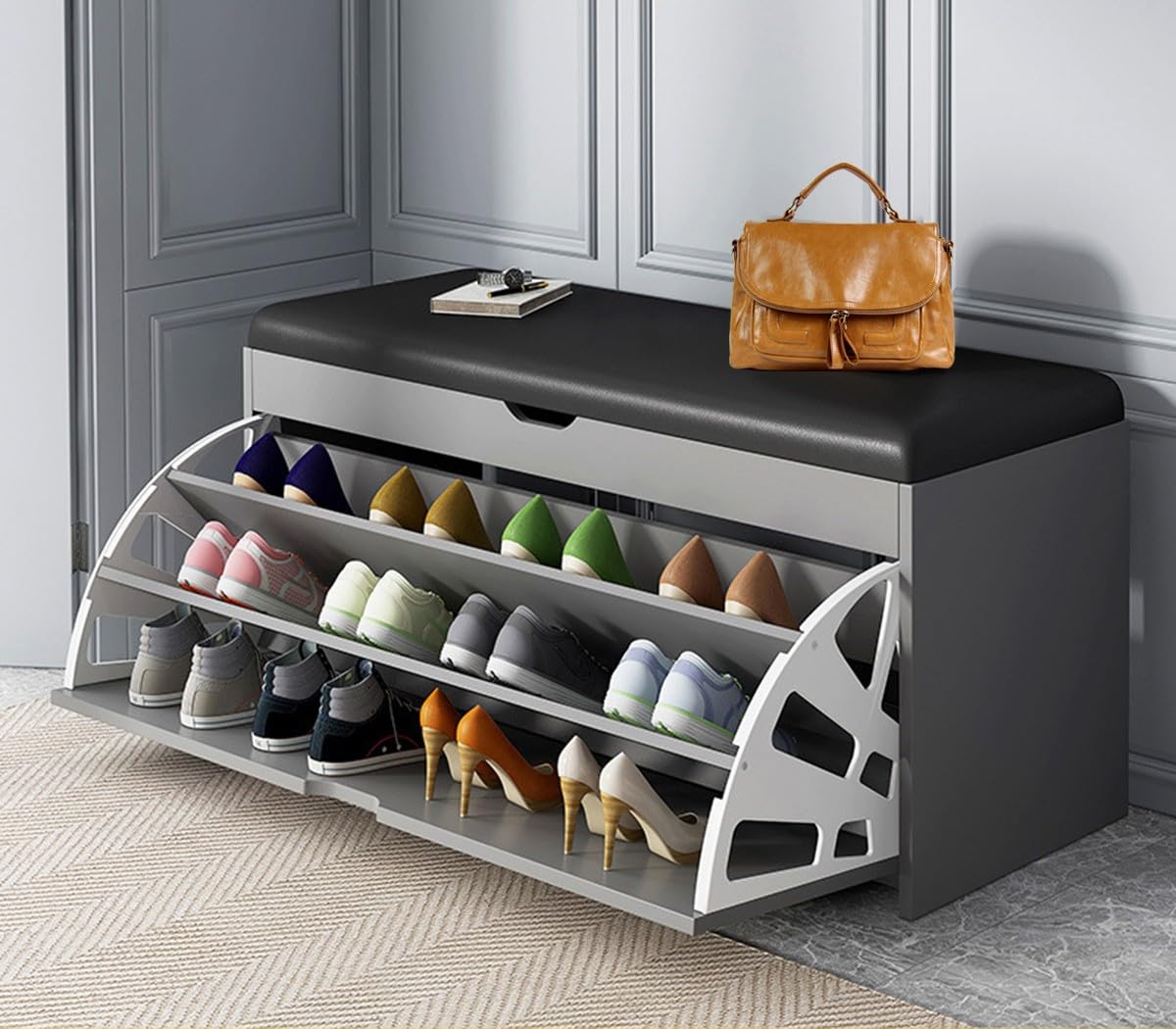Meuble de rangement à chaussures 80cm avec coussin en cuir confortable pour entrée et couloir