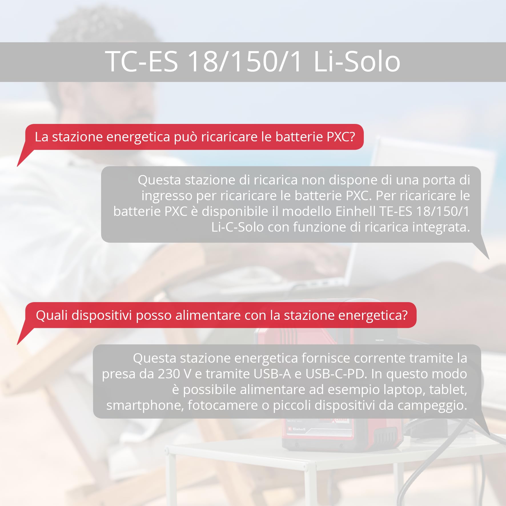 Stazione di alimentazione a batteria Einhell TC-ES 18/150/1 Li-Solo Power X-Change (18 V, inverter compatto, porta 230 V, porta USB-A e USB-C-PD, senza batteria)
