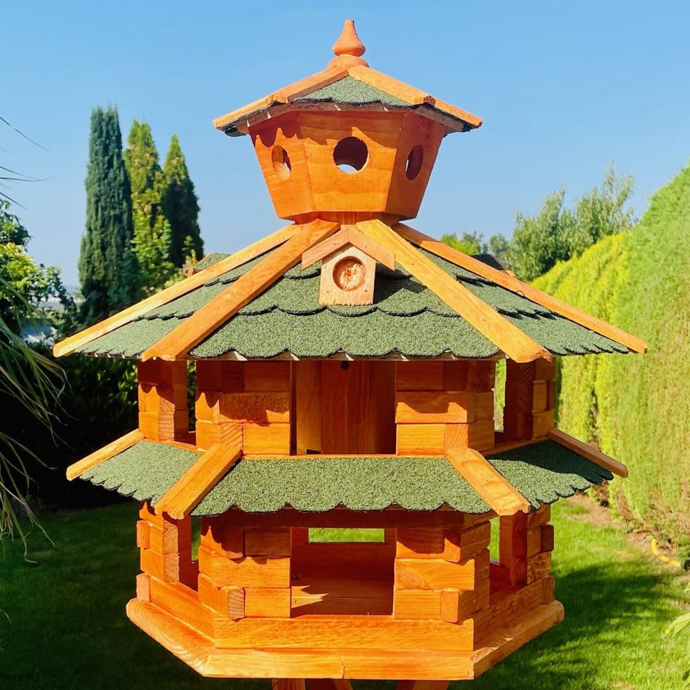 Villa para pájaros resistente a la intemperie, de L a XXL, comedero, con o sin soporte, en color marrón con rojo, verde o azul, para jardín y balcón (tamaño XXL, sin soporte, verde - marrón)