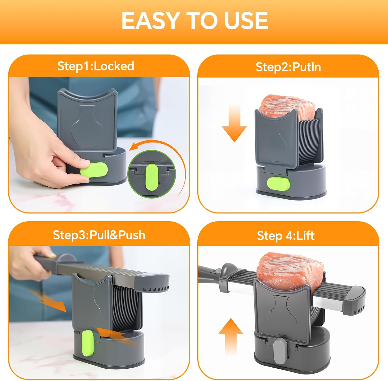 Fresh meat slicer Thickness adjustable 2 or 4 mm 17 blades can cut 18 slices of meat Manual meat slicer Beef Pork Lamb slicer for home cooking BBQ hotpot Quick slicing shredding dicing (gray)