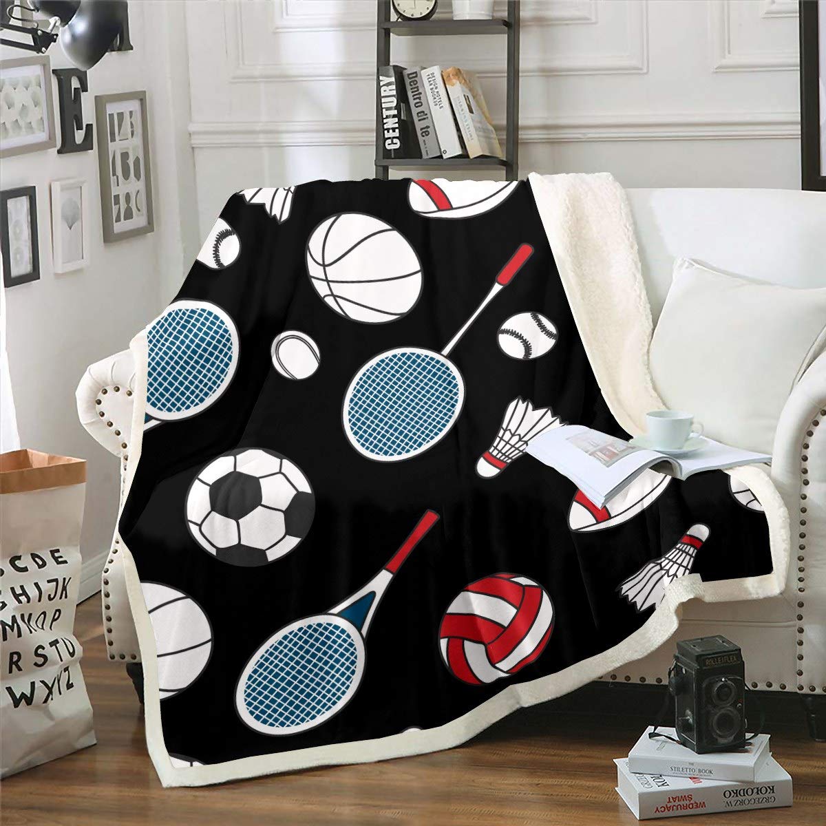 Loussiesd Football Sherpa Blankets Basketball Baseball Badminton Throw Blanket for Couch Sofa Travel Ultra Soft Sports Theme Fleece Blankets Bed Decor Cartoon Ball Pattern Single 50"x60" — image 1