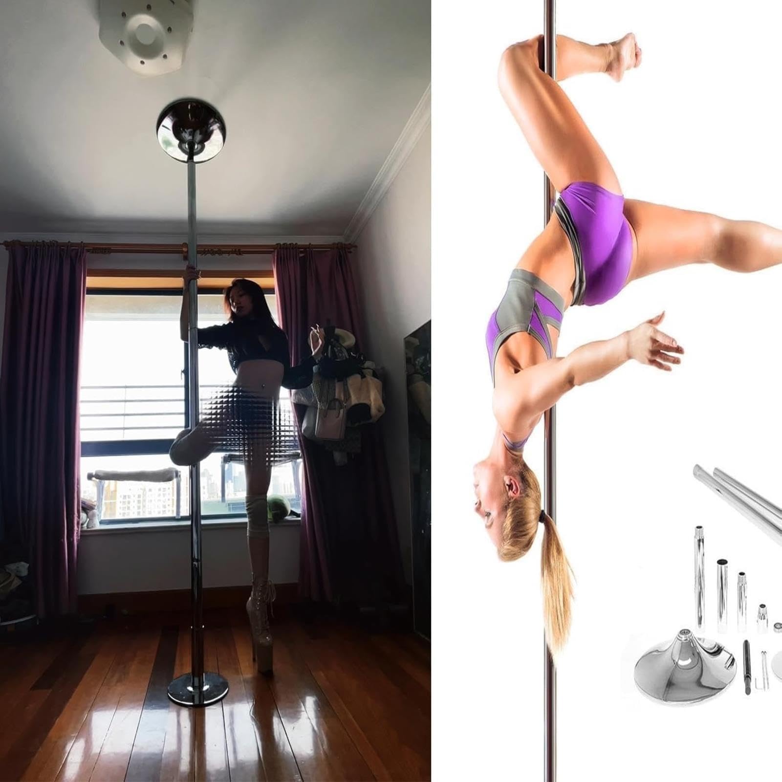 JYBNBBE Adjustable Stripper Pole for Home & Studio, Chrome Dance Pole with Rectangular Top Plate, Supports 200kg,Silver-3.2M