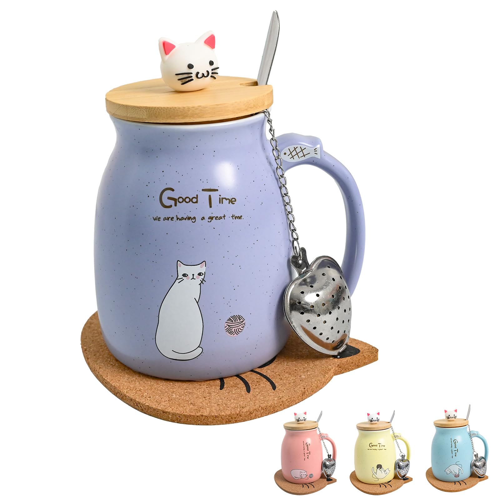 Cat Mug with Infuser and Lid,Cute Christmas Coffee Cup with Stainless Steel Spoon,Ceramic Morning Cup Coffee Milk Tea Mugs Christmas Birthday Gfits for Cat Lovers Women,Purple