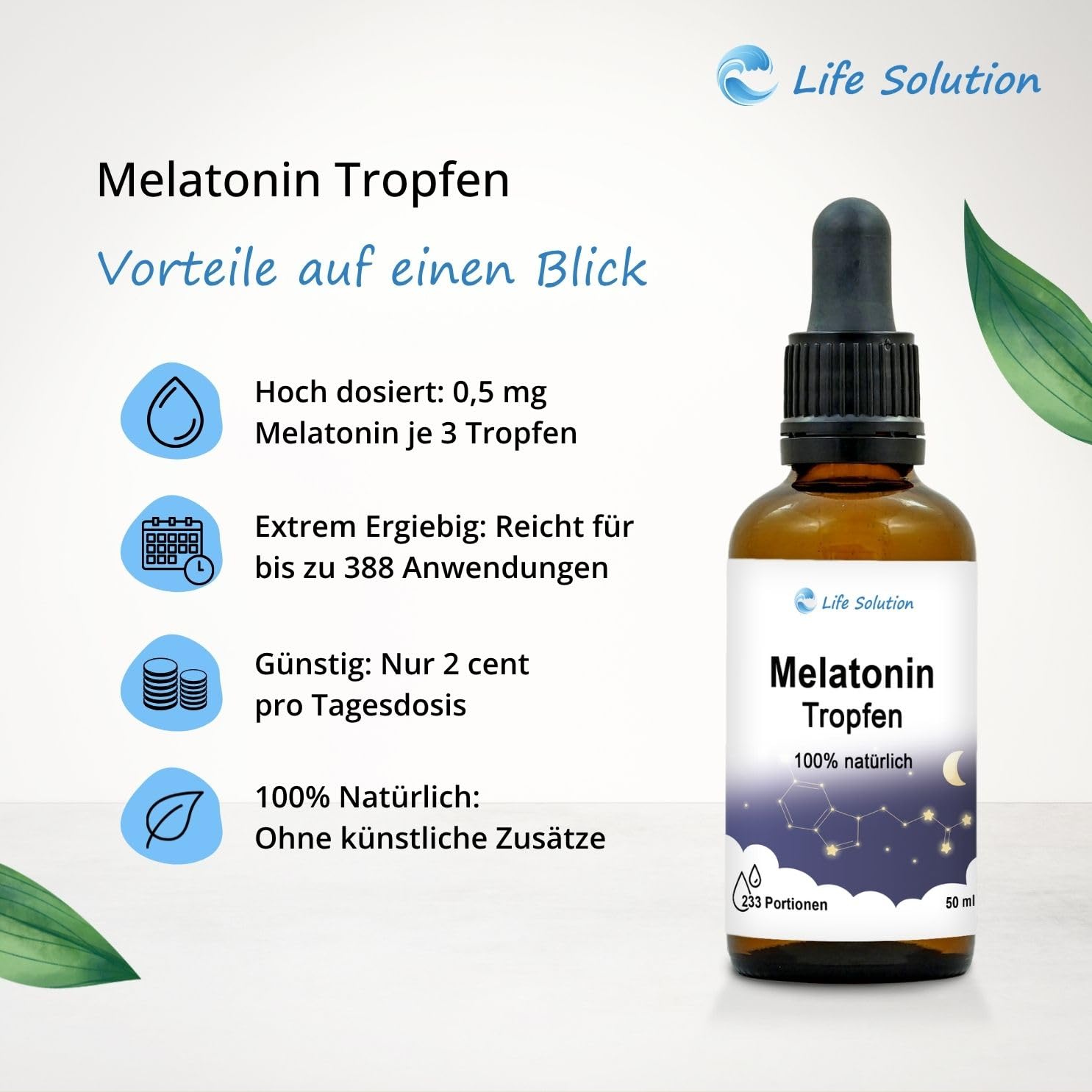Melatonin Tropfen - 3x 50 ml - 100% Natürlich - Schlaftropfen - Entspannungstropfen - mit milden Vanillegeschmack