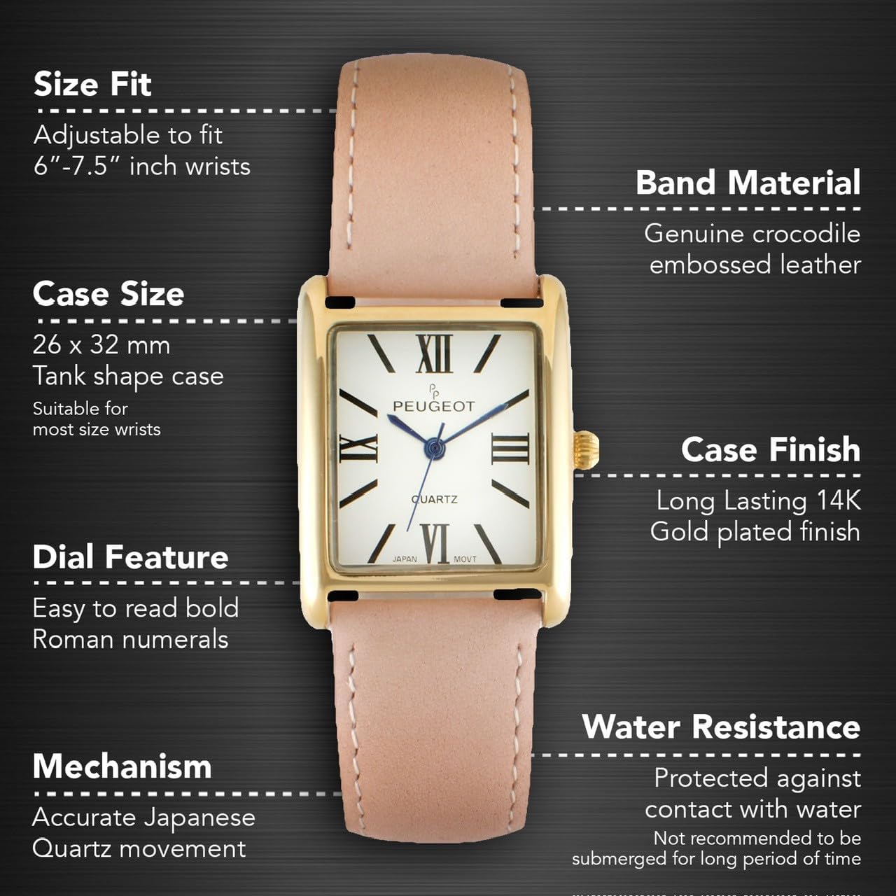 Peugeot Women's 14K Gold Plated Tank/Silver-Tone Tank Leather Dress Watch with Roman Numerals Dial - Image 2