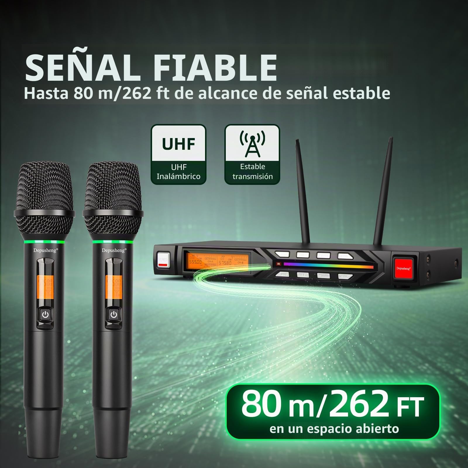 Depusheng Micrófono inalámbrico R7 equipado con dos micrófonos portátiles dinámicos y receptor, con un rango de recepción de 80 metros, adecuado para escenarios de conciertos de karaoke