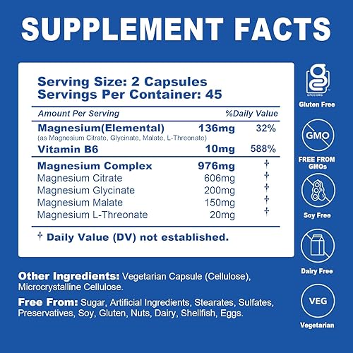 Miniatura 8 de Cápsulas de complejo de magnesio Fórmula 5 en 1 Suplemento dietético 90 cápsulas por botella (45 porciones) Vegano, sin OMG