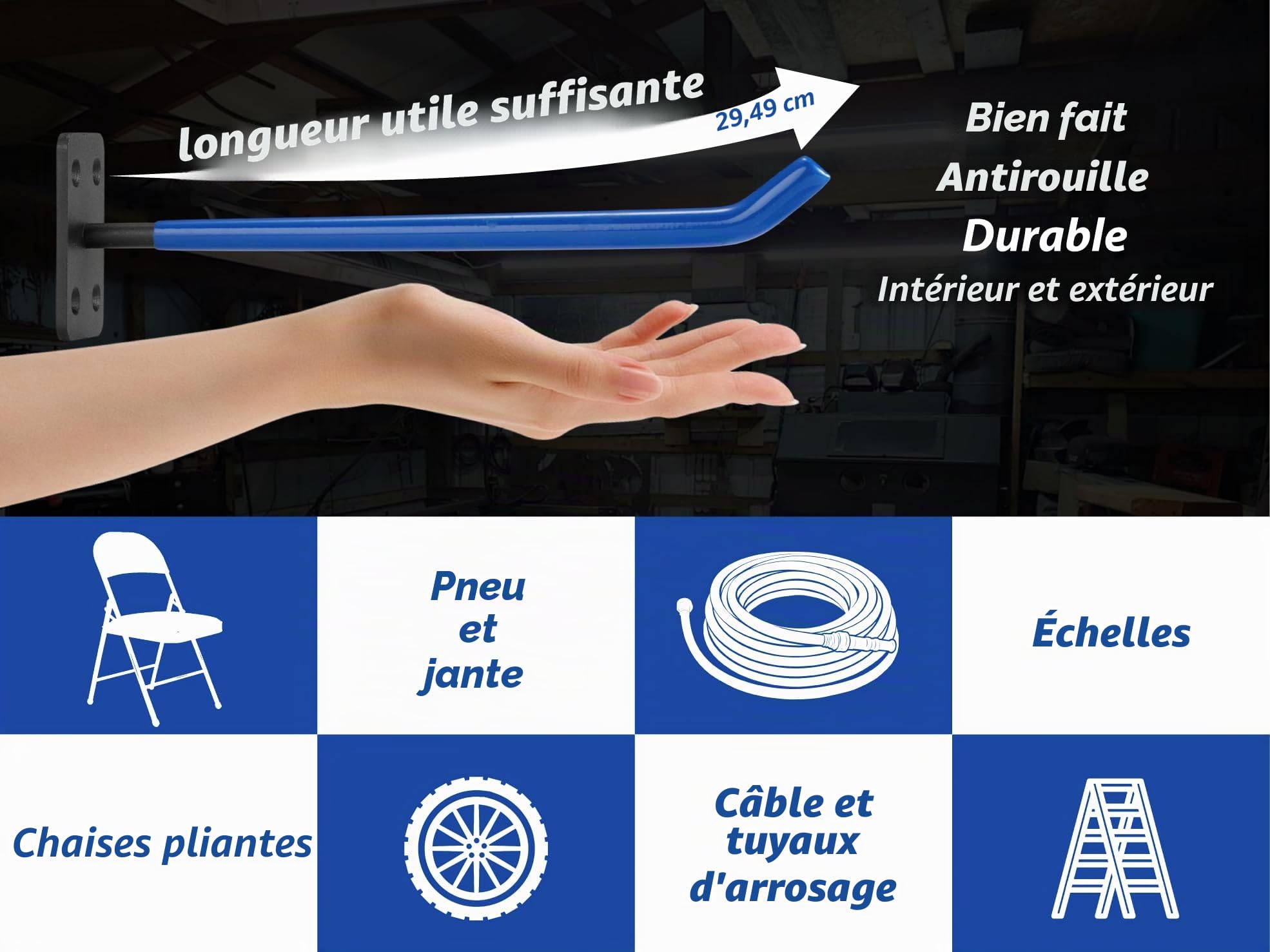 Lot de 4 porte-pneus muraux - Grands crochets de garage - Bleu - Organisateur de garage - Convient pour tuyaux d'arrosage, chaises pliantes et échelles