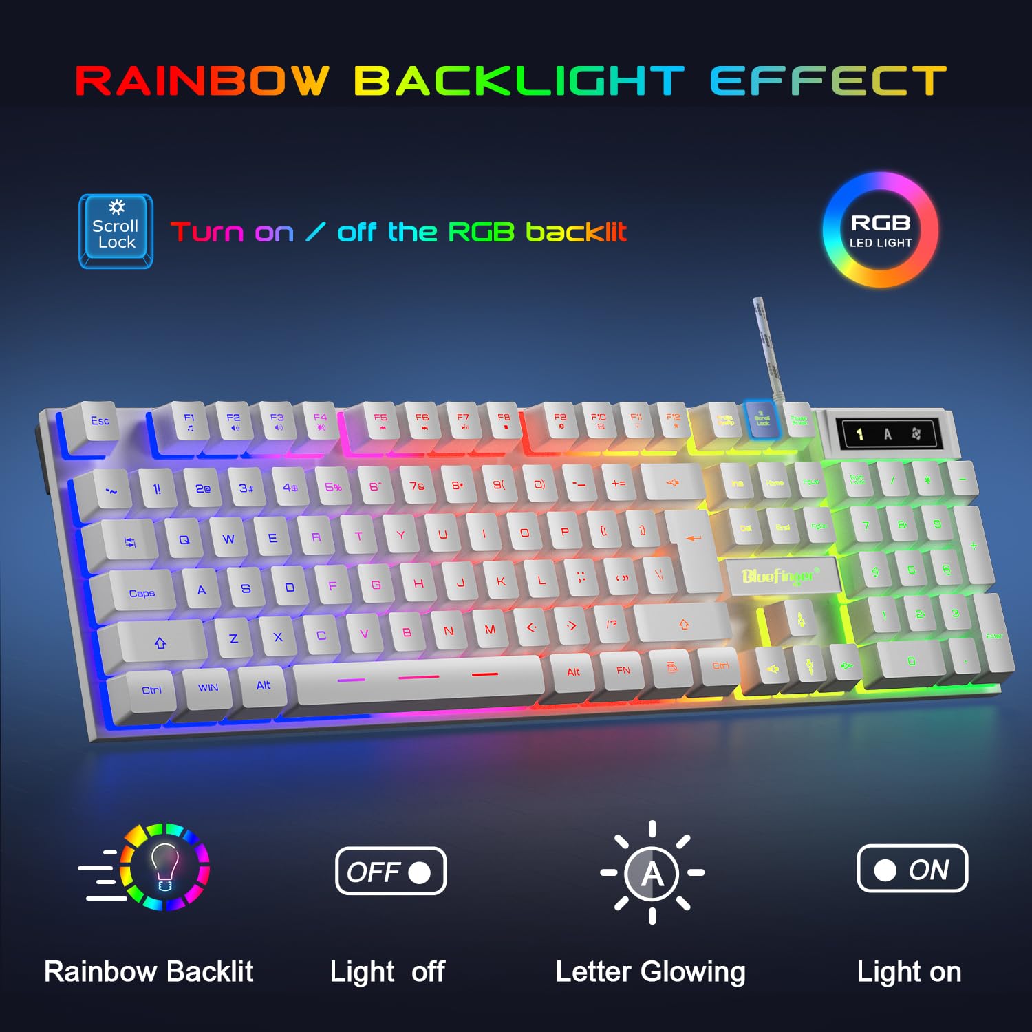 BlueFinger Tastiera da gioco RGB e mouse retroilluminato e combinazione, tastiera retroilluminata con cavo USB, set di mouse da gioco a LED, cuffie con microfono per computer portatile, PC, giochi e