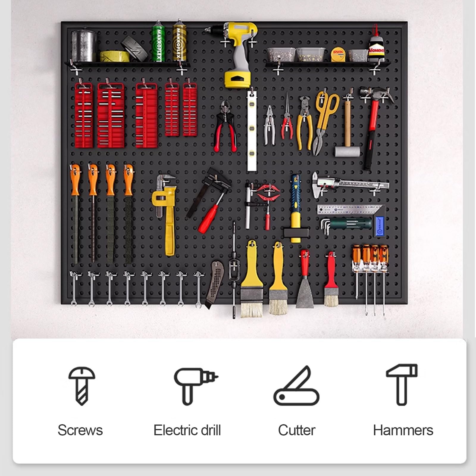 Tablica ścienna z narzędziami, czarna metalowa tablica wisząca na biurko biurkowe, pegboard i akcesoria, stojak do przechowywania na ścianie, odpowiedni do domu, biura, akademika, biurka do gier (100