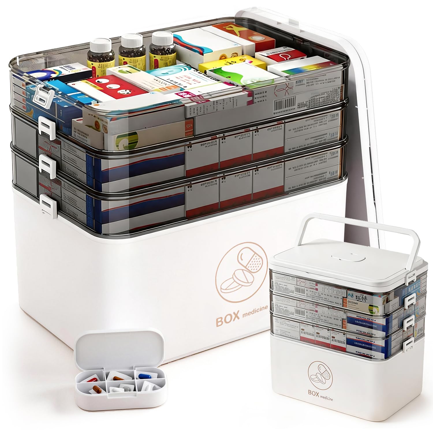 Purecas 3-stöckige Medizinbox | Portable Hausapotheke mit robustem Griff | Ideal für Haushalt, Reise & Notfall | Übersichtliche Aufbewahrung für Tabletten, Verbandsmaterial & Hygieneartikel