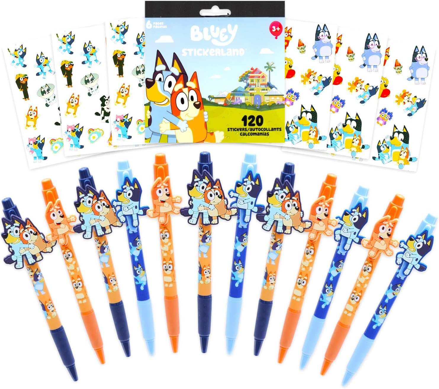 Bluey Party Favors Pen and Stickers Set - Bundle with 12 Pens and 12 Sticker Sheets for Kids Birthday Party Favors | Bluey Party Supplies Goodie Bag Fillers for Girls, Boys