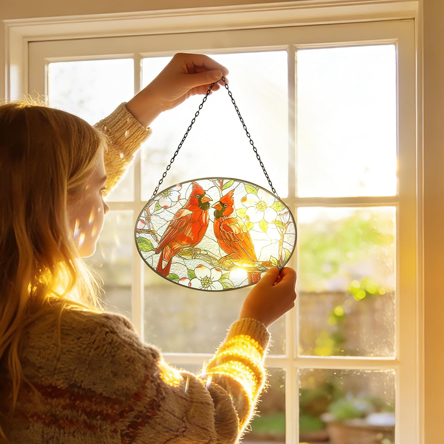 Cardinal Stained Glass Window Hanging - 6.7" x 9.4" Cardinal Gift for Women, Sun Painted Glass Panel Catcher Ornament for Home Windows Decor Birds Lover Gifts - Image 6