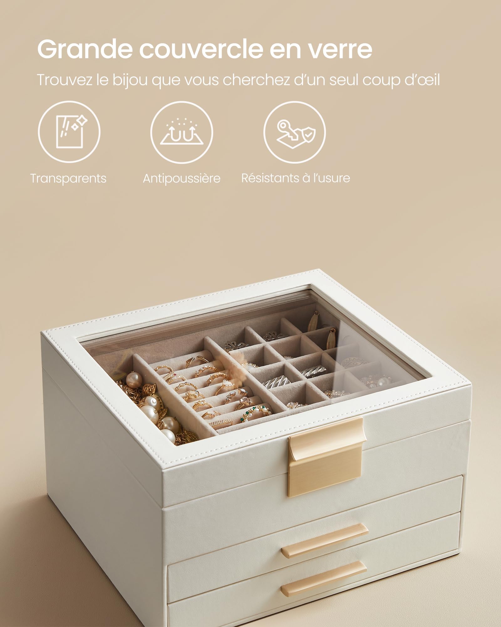 SONGMICS Collection GISELLA - Boîte à Bijoux, Écrin à Accessoires 3 Niveaux, Coffre de Rangement, Couvercle en Verre, 2 Tiroirs, Rangement pour Bijoux, Moderne, Blanc Nuage et Doré JBC239WTV1