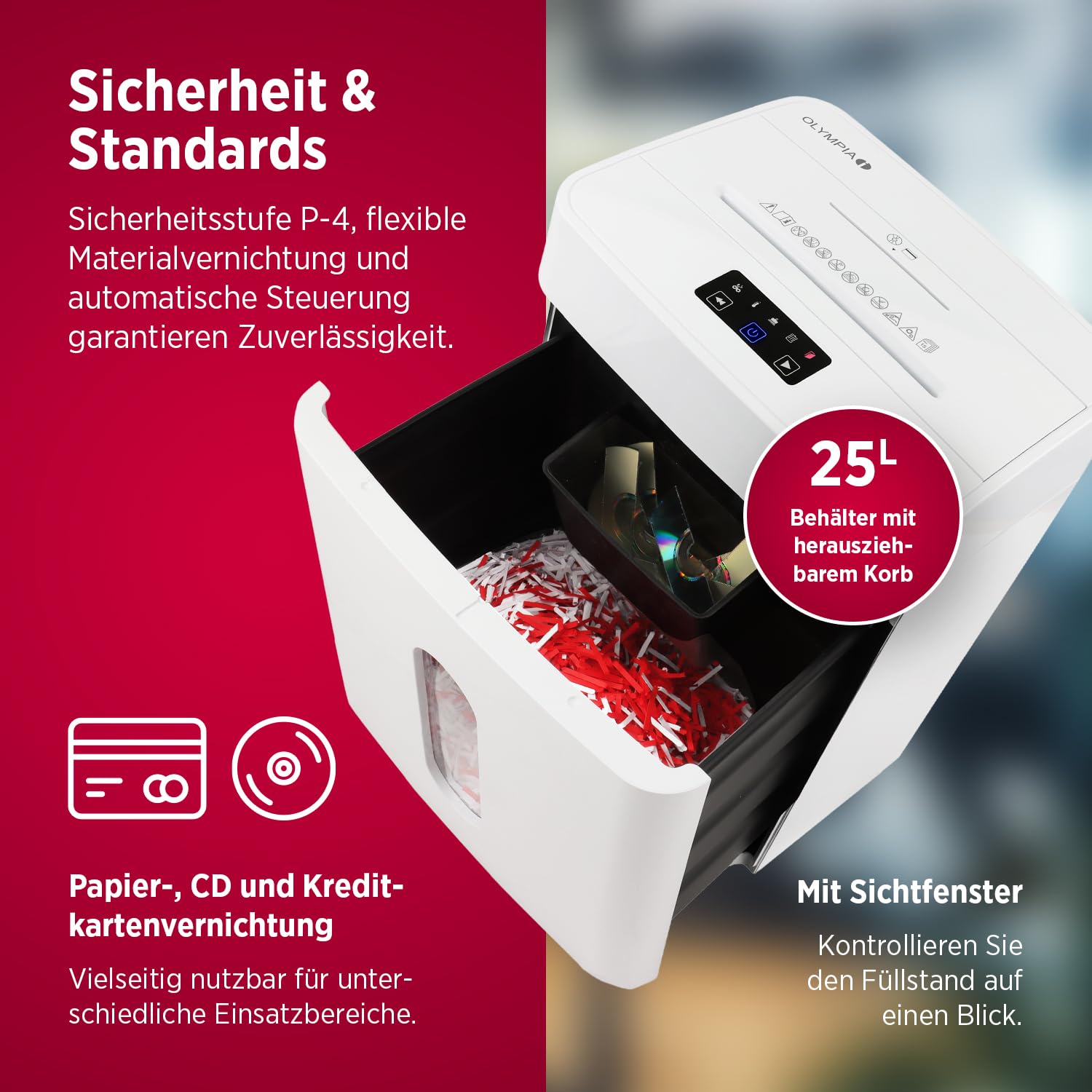 Olympia CC 2515 S Distruggidocumenti | Trituratore per carta & Shredder per documenti, CD, DVD e carte di credito | Trituratore P4 taglio a particelle | 15 fogli | 25 l