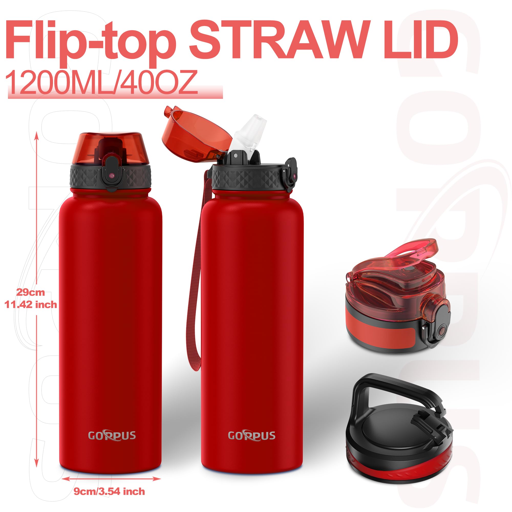 GOPPUS 1.2L/40oz Stainless Water Bottle with Straw Double Wall Insulated Bottles with Strap Large Vacuum Thermal Flask Leakproof Keep Cold Drinks Bottles with Flip Top Lid for Men Women BPA Free - Image 4
