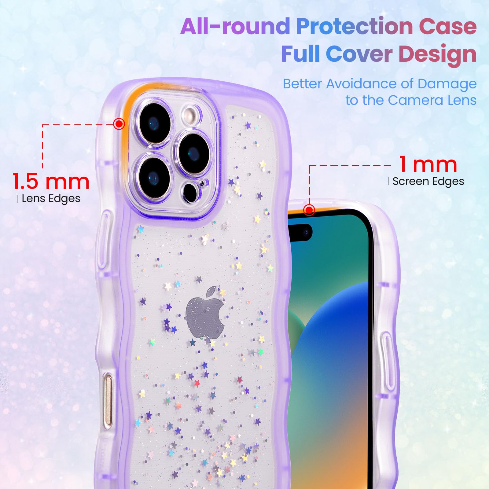 QLTYPRI Compatible with iPhone 16 Pro Max Case,Cute Curly Wave Frame Clear Glitter Case for Girls Women Sparkle Bling Soft TPU Bumper Transparent Shockproof Phone Cover for iPhone 16 Pro Max-Purple - Image 2