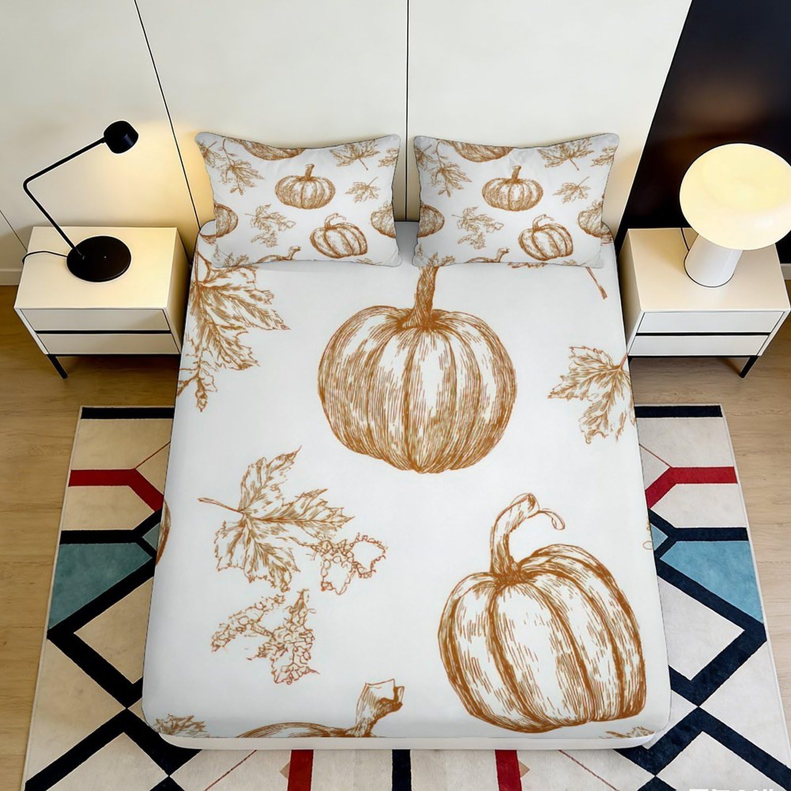 3D Printed Pumpkin Leaf Fitted Sheet Microfiber Soft Autumn Harvest Bed Cover for Bedroom Guest Room Decor 90x200x25cm