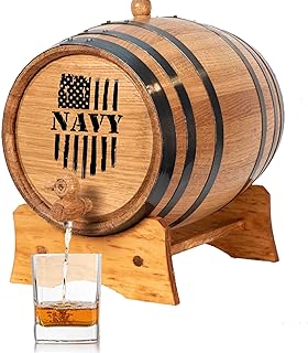 Navy Engraved 10 Liter Oak Aging Barrel with Wood Stand, Bung & Spigot, Military Veteran Gift, Mini Whiskey Barrel for The Home Alcohol Distiller, Brewer, Moonshiner & Winemaker