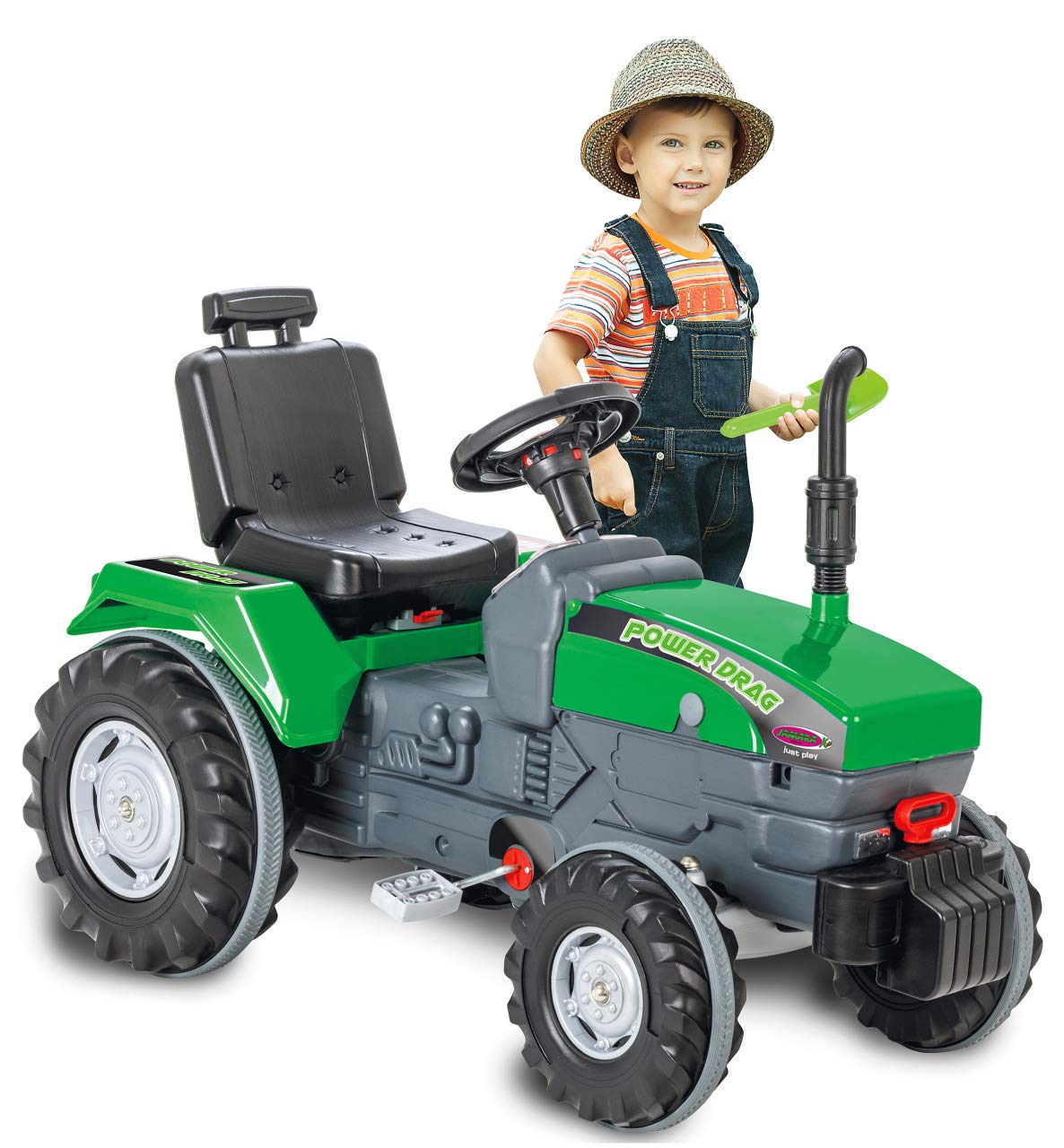 Trettraktor Power Drag - Kippschutz, Hupe, Verstellbarer Sitz Motorhaube aufklappbar, Anhängerkupplung, Antrieb durch Treten der Pedale