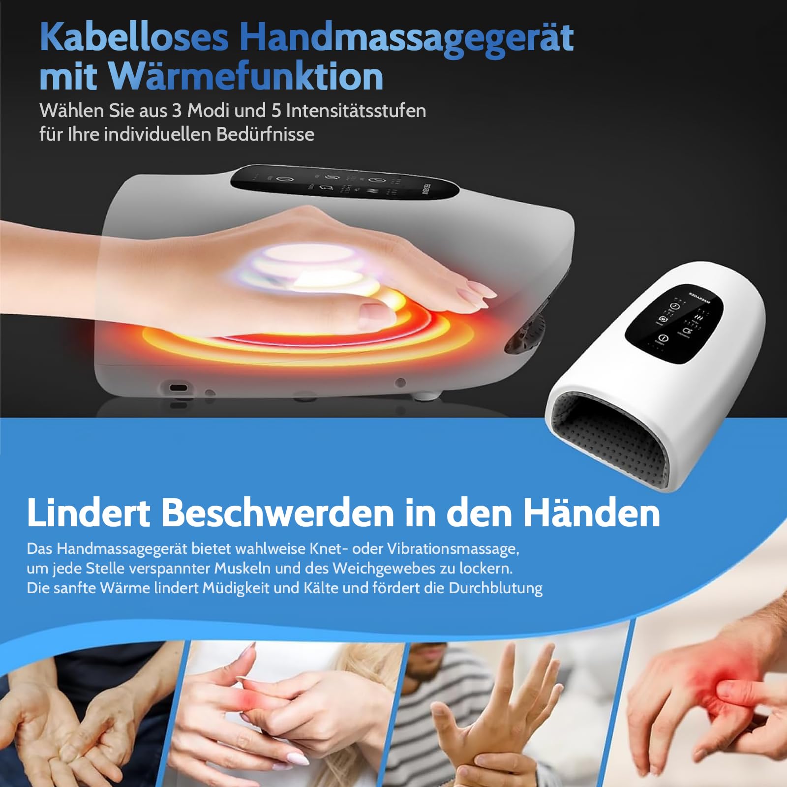 Handmassagegerät mit Wärme und Kompression, Elektrische Handmassage Schmerzlinderung für Handgelenk & Finger