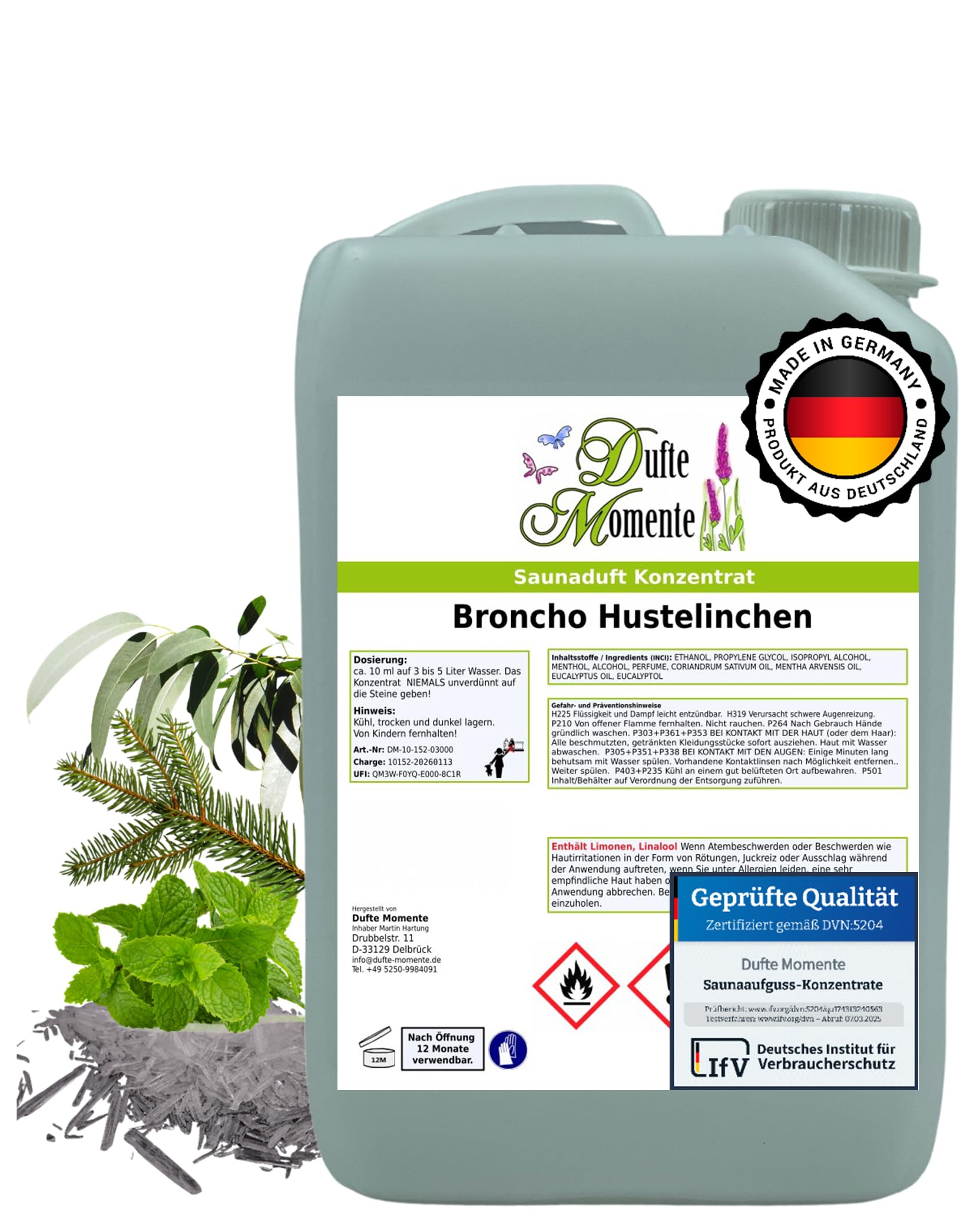 Dufte Momente Saunaaufguss-Konzentrat Broncho Hustelinchen (Eukalyptus, Fichtennadel, Menthol & Pfefferminze) – 3 Liter – klar & intensiv – Profi-Qualität gemäß DVN:5204 getestet – Made in Germany